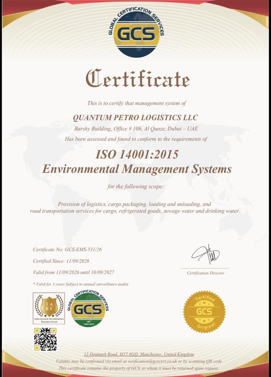 Quantum Petro Logistics LLC ISO 14001:2015 Certificate
