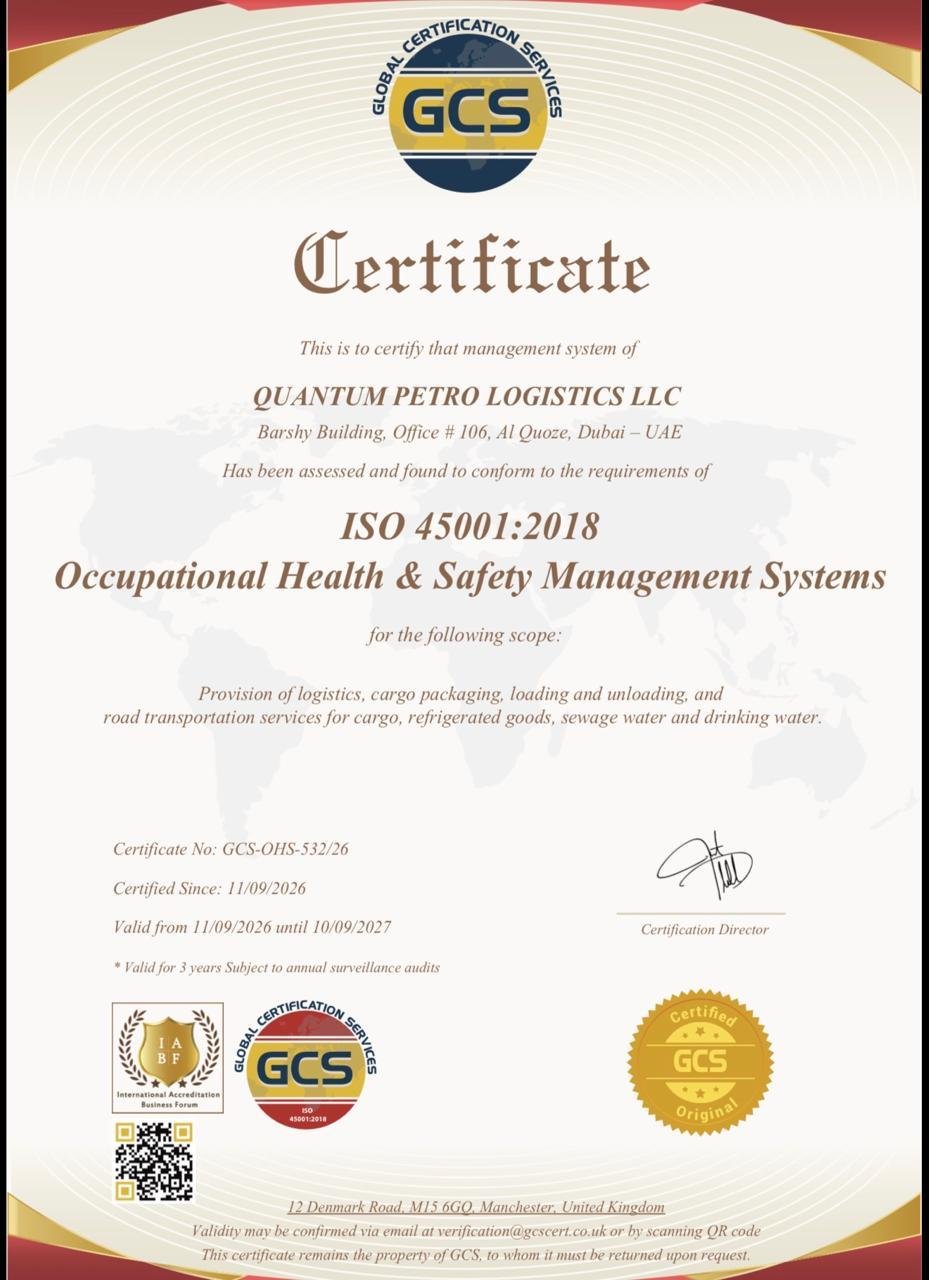 Quantum Petro Logistics LLC ISO 45001:2018 Certificate