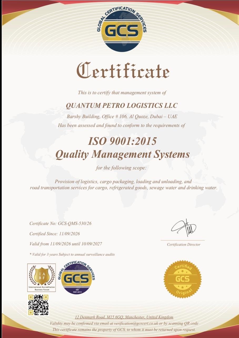 Quantum Petro Logistics LLC ISO 9001:2015 Certificate