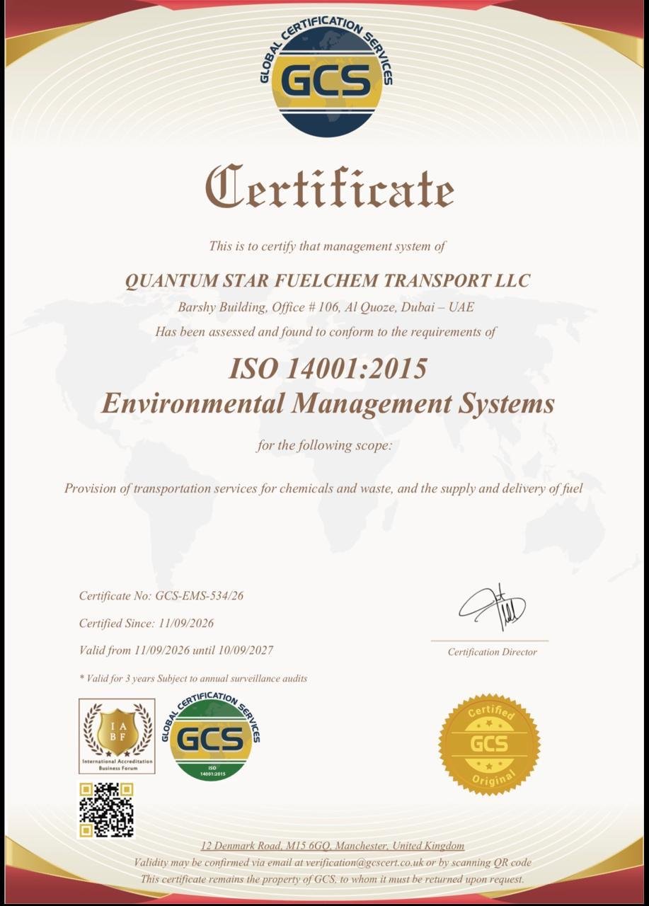 Quantum Star Fuelchem Transport LLC ISO 14001:2015 Certificate