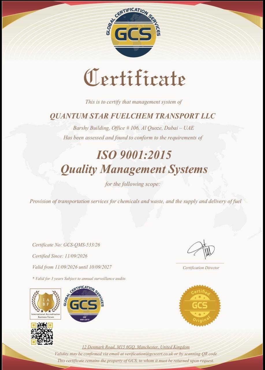 Quantum Star Fuelchem Transport LLC ISO 9001:2015 Certificate